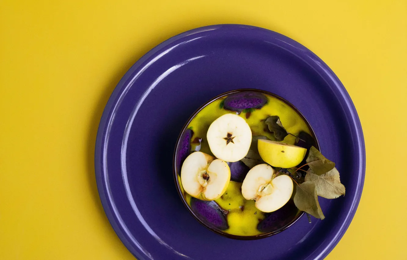 Photo wallpaper purple, yellow, background, apples, color, plate, contrast, halves