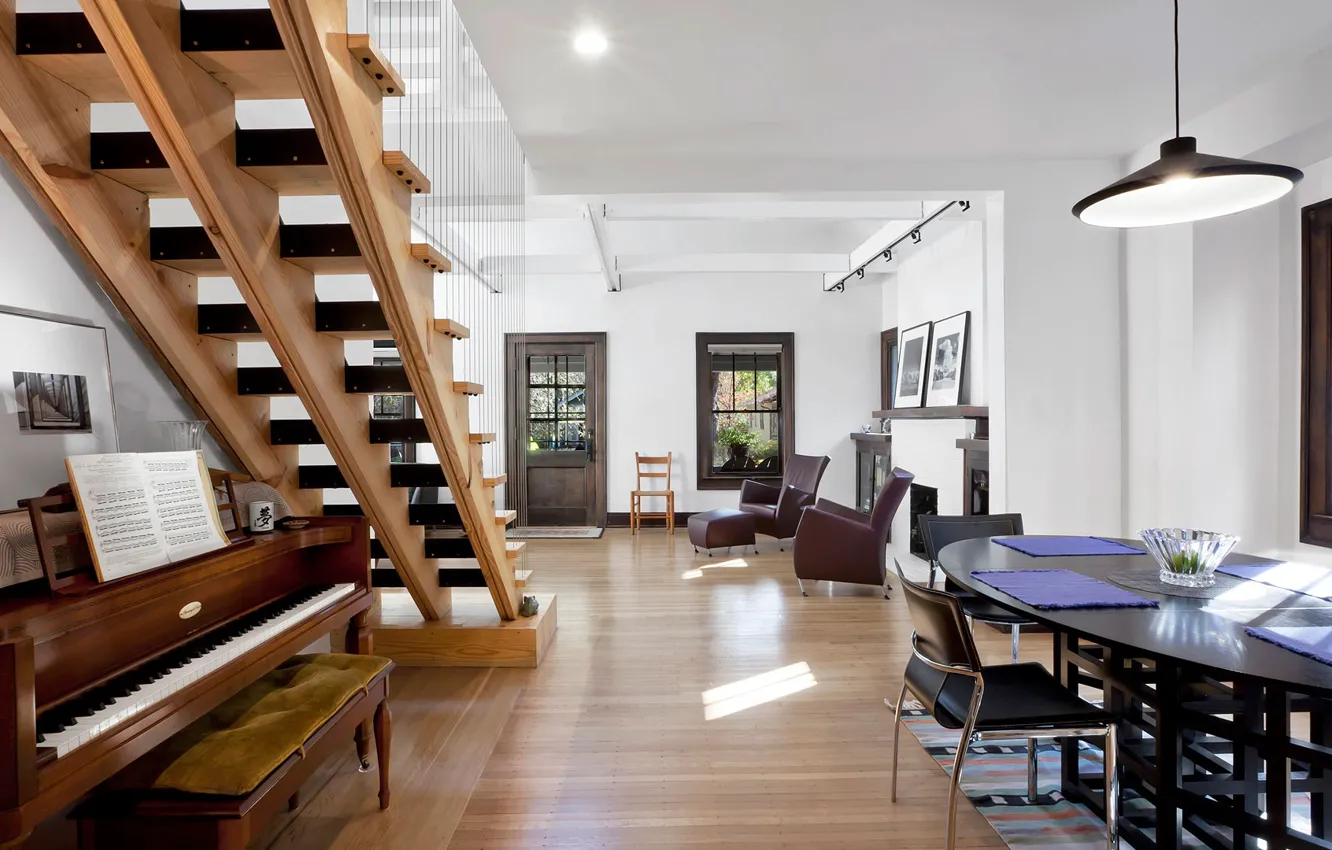 Photo wallpaper interior, ladder, fireplace, piano, living room, hall, dining room
