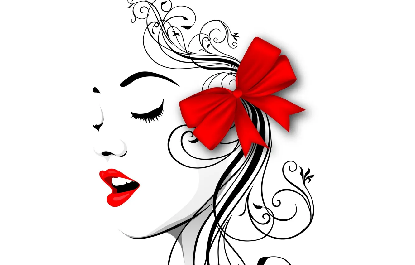 Photo wallpaper face, white background, beautiful girl, face, beautiful girl, closed eyes, red bow, white background