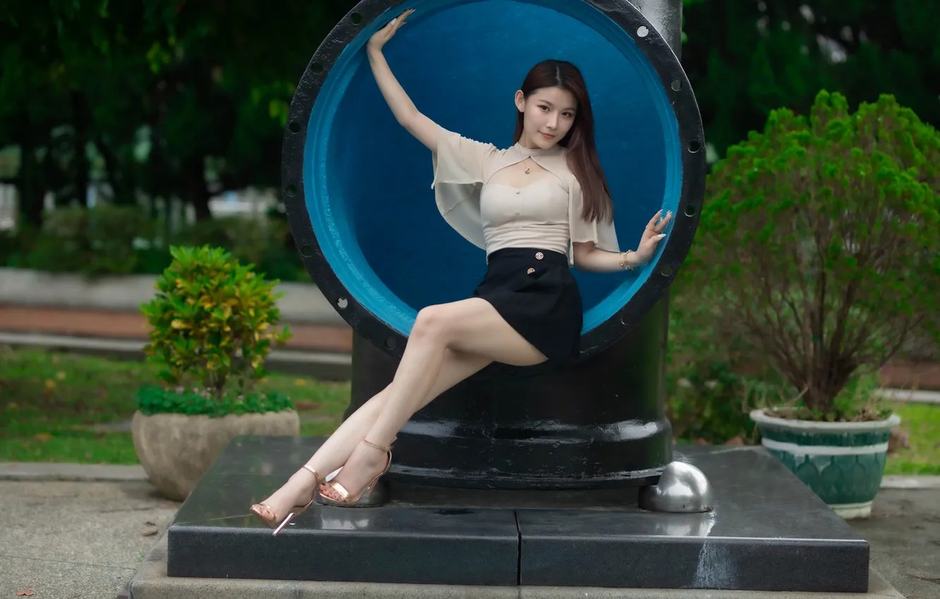 Photo wallpaper look, pose, model, skirt, portrait, plants, makeup, figure