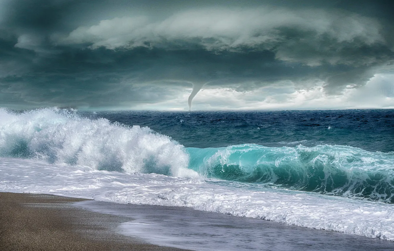 Photo wallpaper sea, wave, clouds, storm, nature, shore, hurricane, tornado