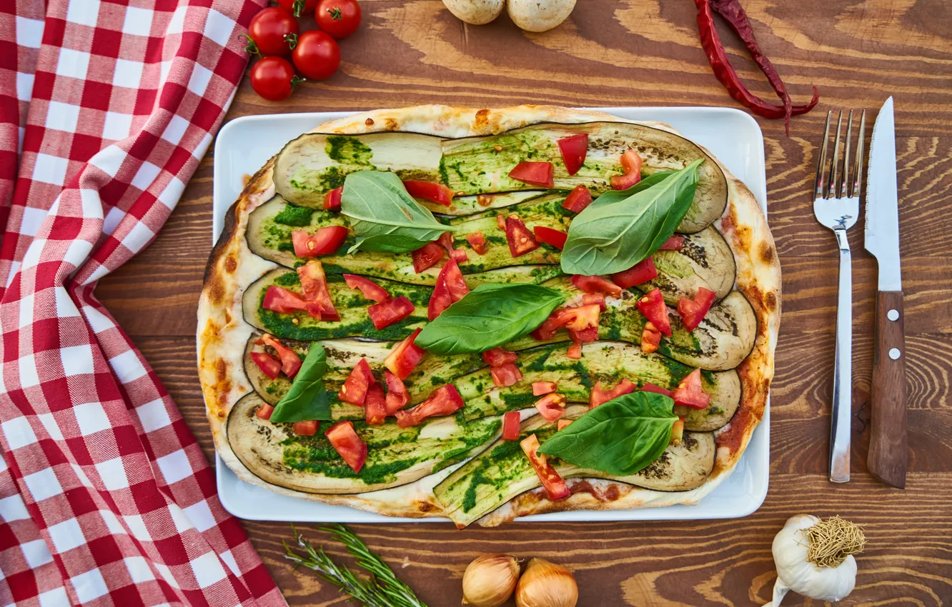 Photo wallpaper cheese, vegetables, pizza, wood, pizza, Italian