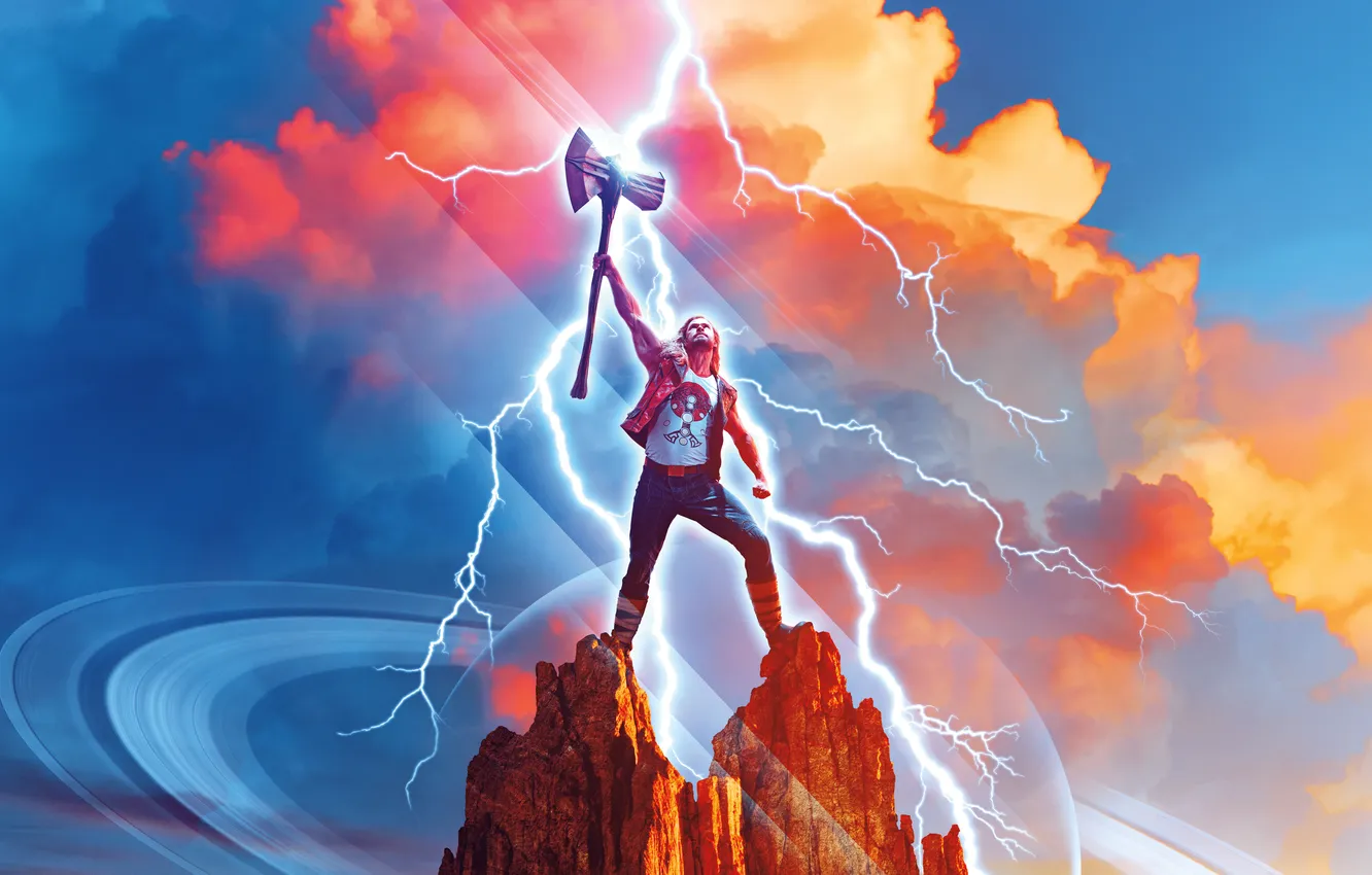 Photo wallpaper rocks, lightning, poster, Marvel, comic, axe, Thor, Thor