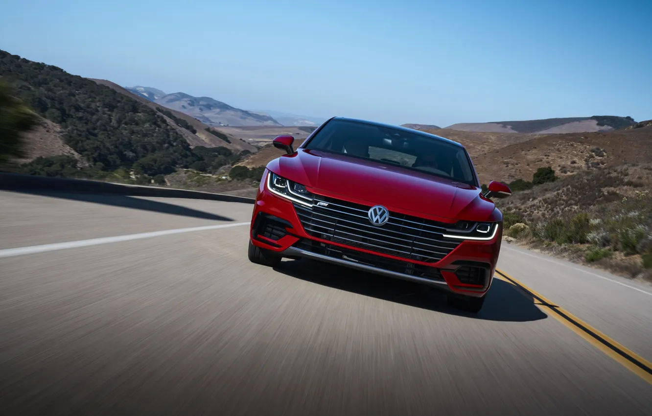 Photo wallpaper road, asphalt, red, Volkswagen, front, liftback, Arteon, 2019