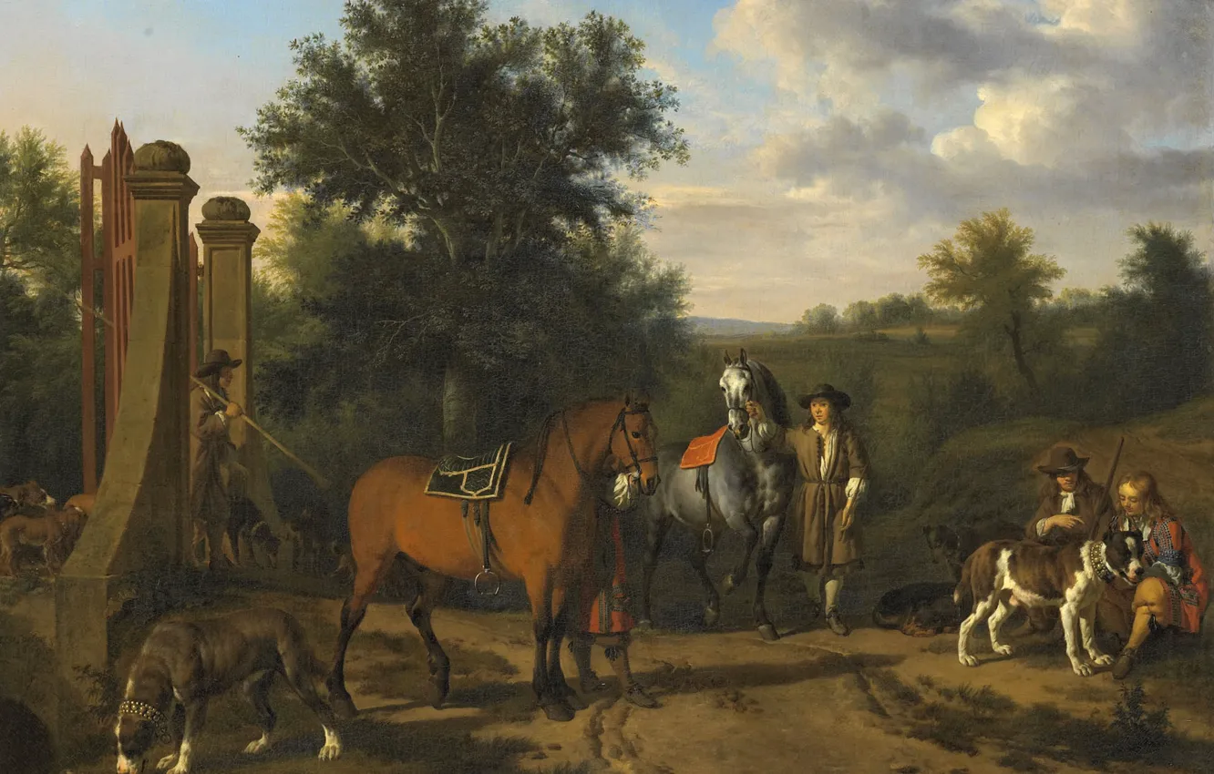 Photo wallpaper landscape, oil, picture, canvas, Adriaen van de Velde, A Company Of Hunters