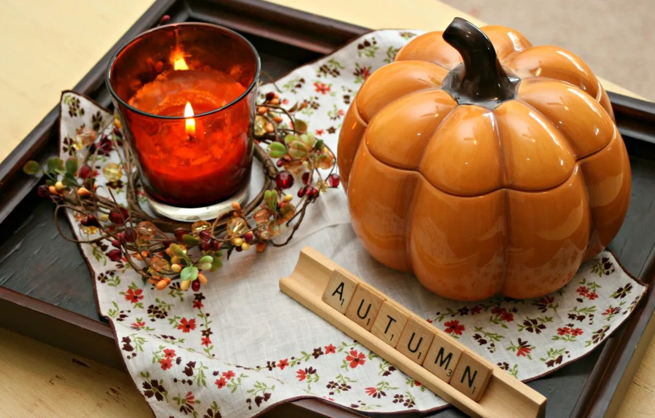 Photo wallpaper photography, autumn, tray, pumpkin, decoration, candle, decor