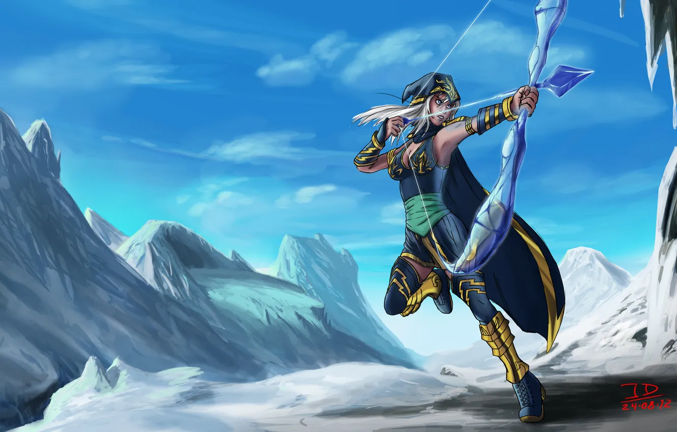 Photo wallpaper look, girl, snow, landscape, mountains, weapons, bow, runs