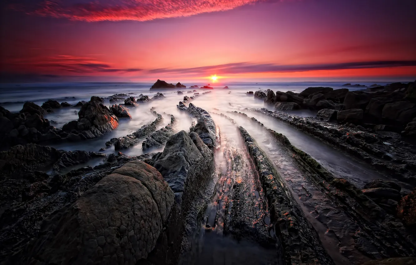 Photo wallpaper beach, summer, the sky, clouds, sunset, stones, rocks, spring