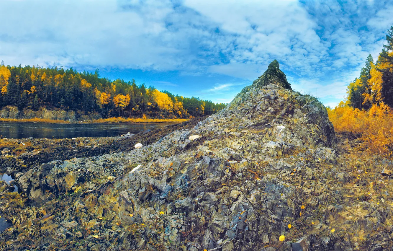 Photo wallpaper autumn, forest, the sky, clouds, trees, river, stones, shore