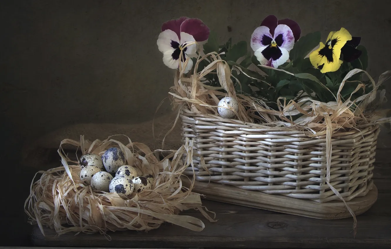 Photo wallpaper basket, eggs, viola