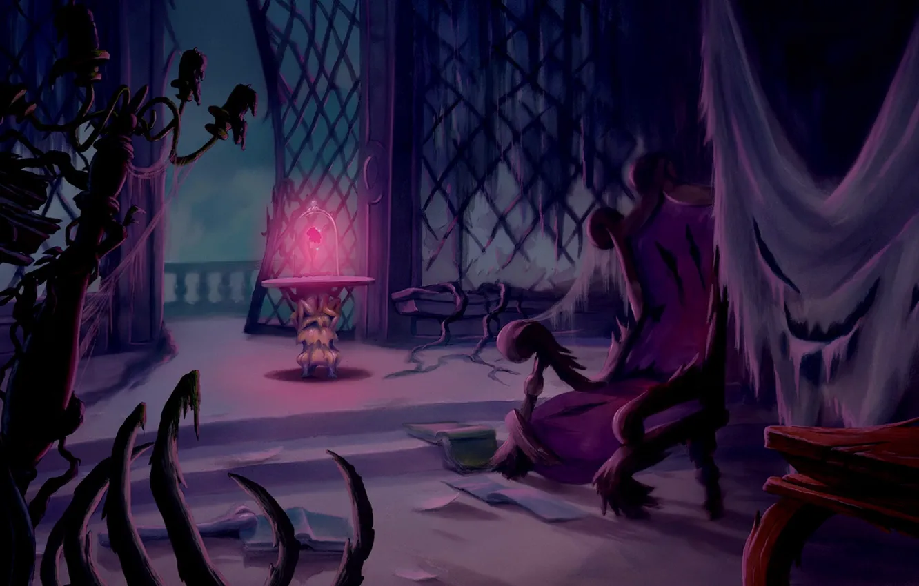 Photo wallpaper lights, roses, chair, book, bulb, gloomy, Beauty and the Beast, Beauty and the beast