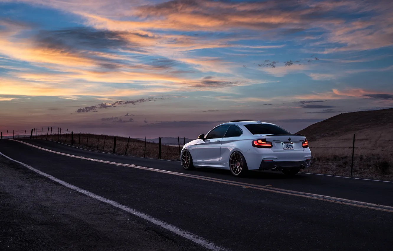 Photo wallpaper BMW, Car, Sunset, Sunrise, Mountains, Wheels, Before, Rear