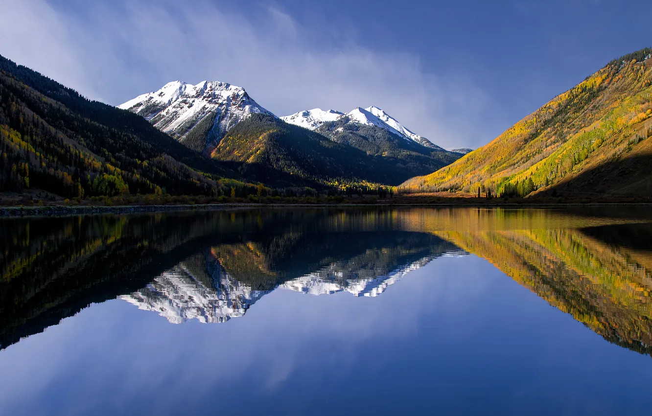 Photo wallpaper autumn, forest, snow, mountains, lake, reflection, blue, shore