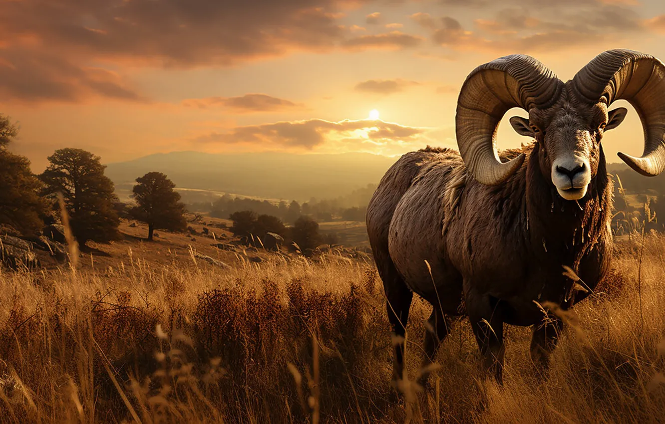 Photo wallpaper field, RAM, pine, Mountain sheep, AI art, The Art of Artificial Intelligence, neural network