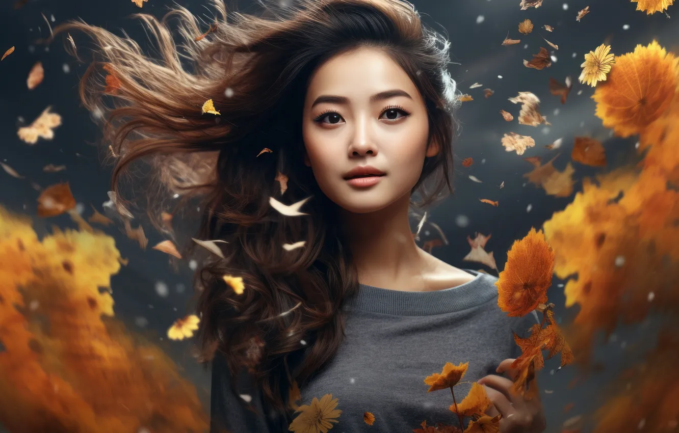 Photo wallpaper autumn, look, girl, light, nature, face, the wind, foliage