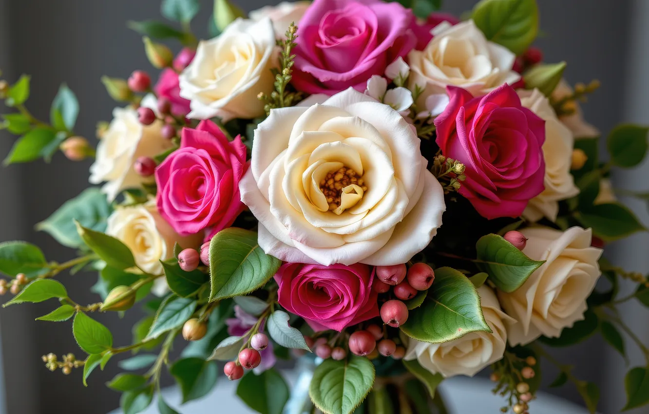 Photo wallpaper leaves, flowers, roses, bouquet, pink, white, AI art, neural network