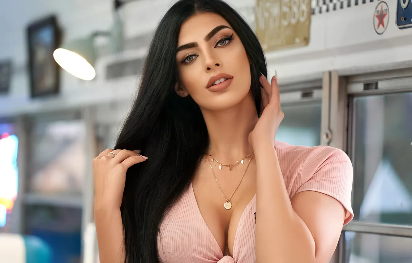 Photo wallpaper girl, model, pretty, face, brunette, pose, portrait, Jacklyn