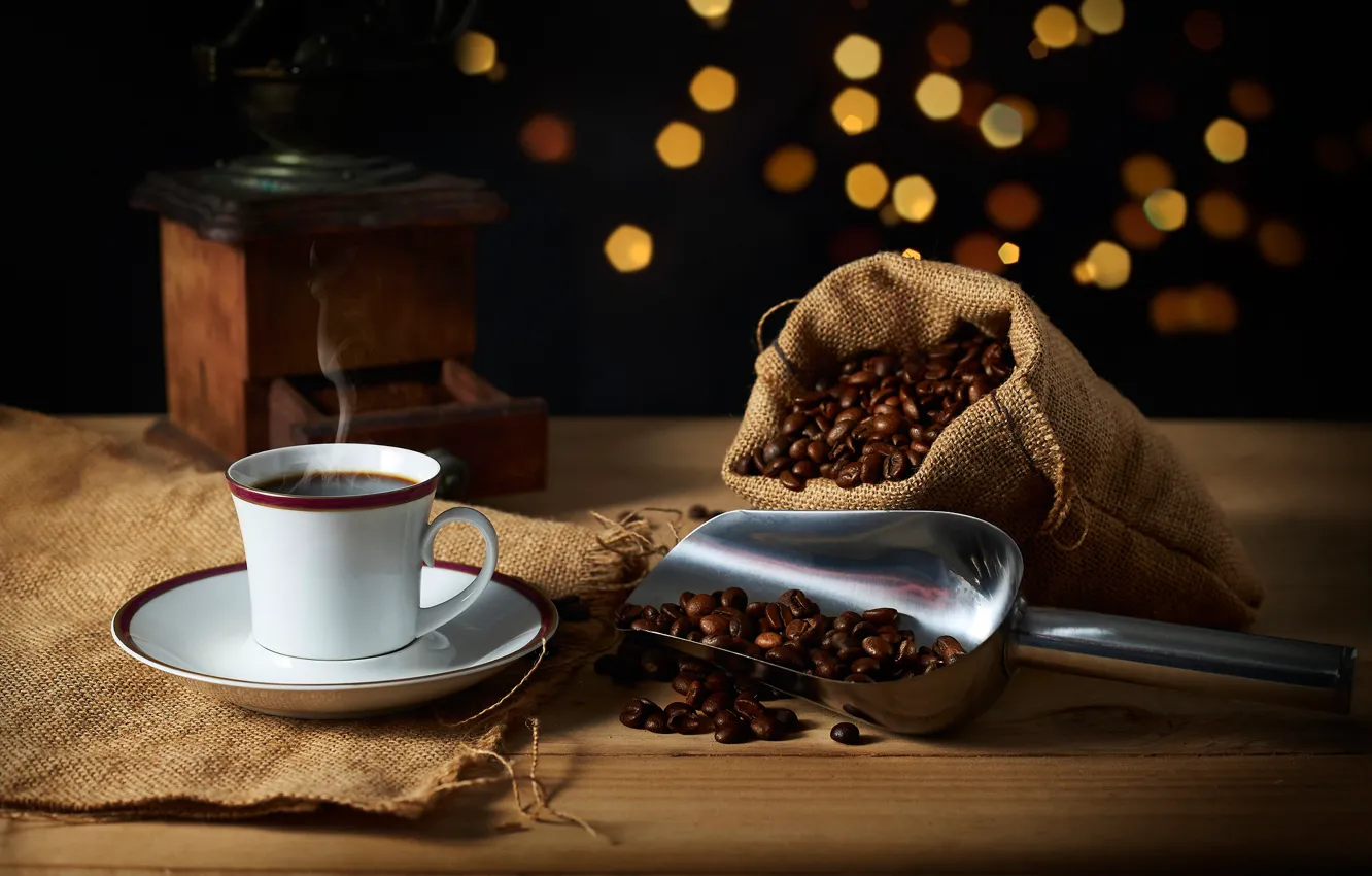 Photo wallpaper coffee, Cup, still life, burlap, coffee beans, pouch, coffee grinder, scoop