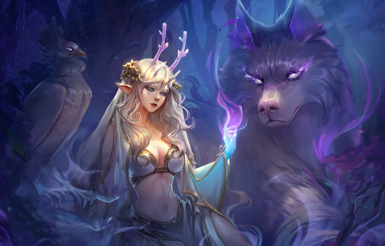 Photo wallpaper girl, night, bird, wolf, fantasy, the spirit of the forest, Dzikawa, Lunaria