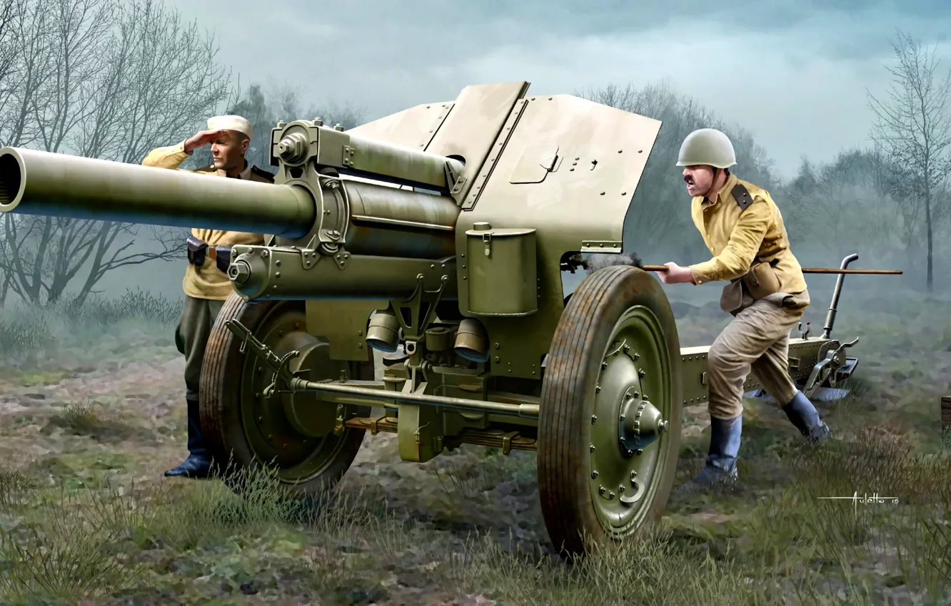 Photo wallpaper forest, trees, USSR, howitzer, the gunners, The Soviet Army, M-30