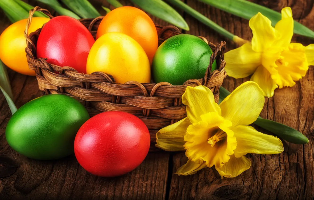 Photo wallpaper eggs, Easter, daffodils, eggs