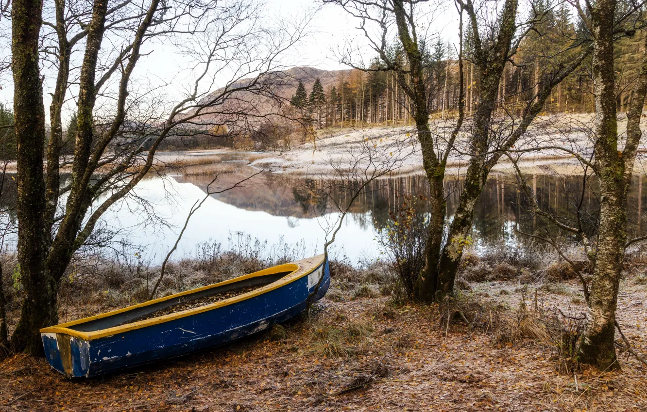 Photo wallpaper autumn, river, boat