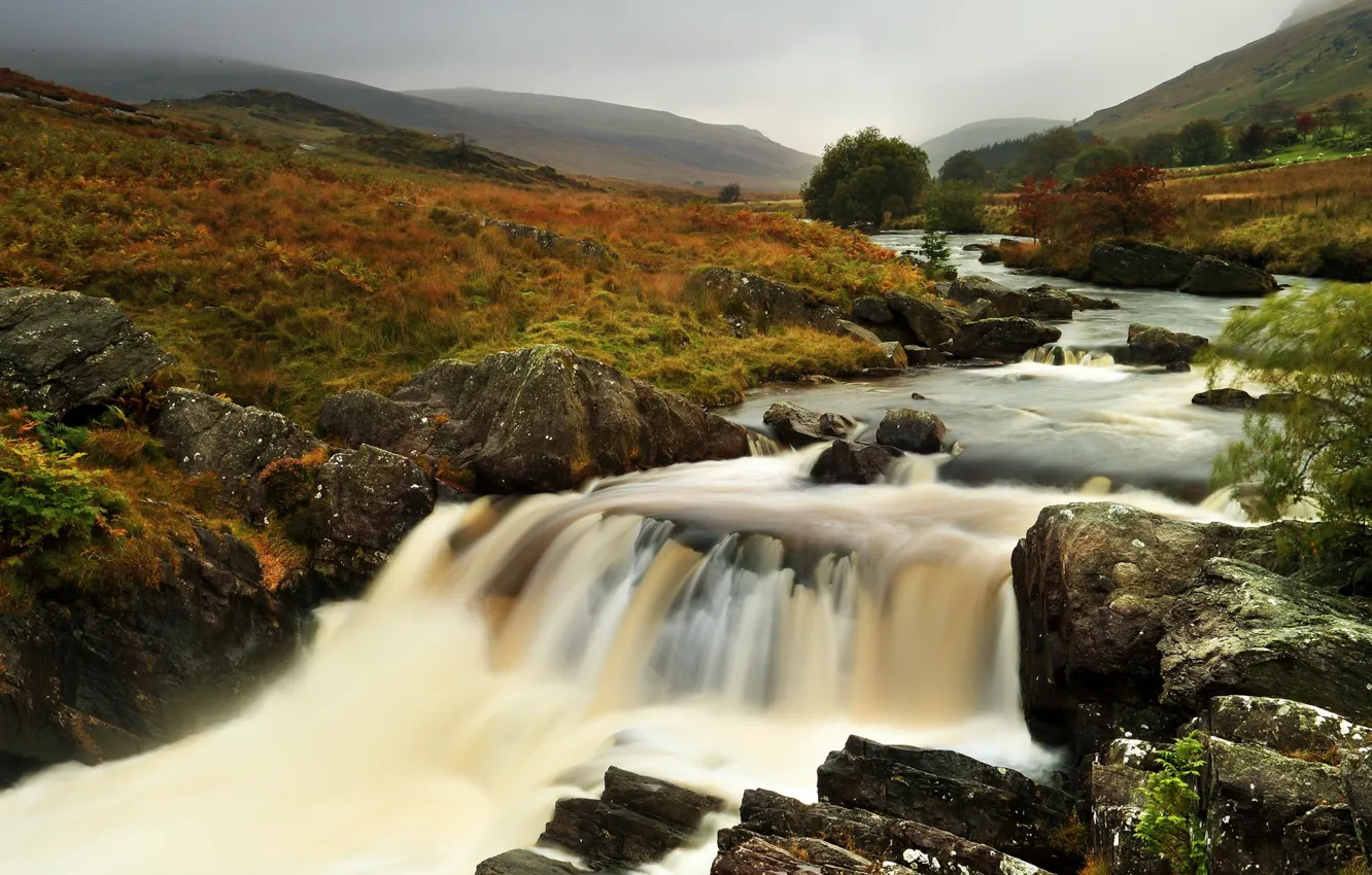 Photo wallpaper autumn, grass, river, stones, hills, stream