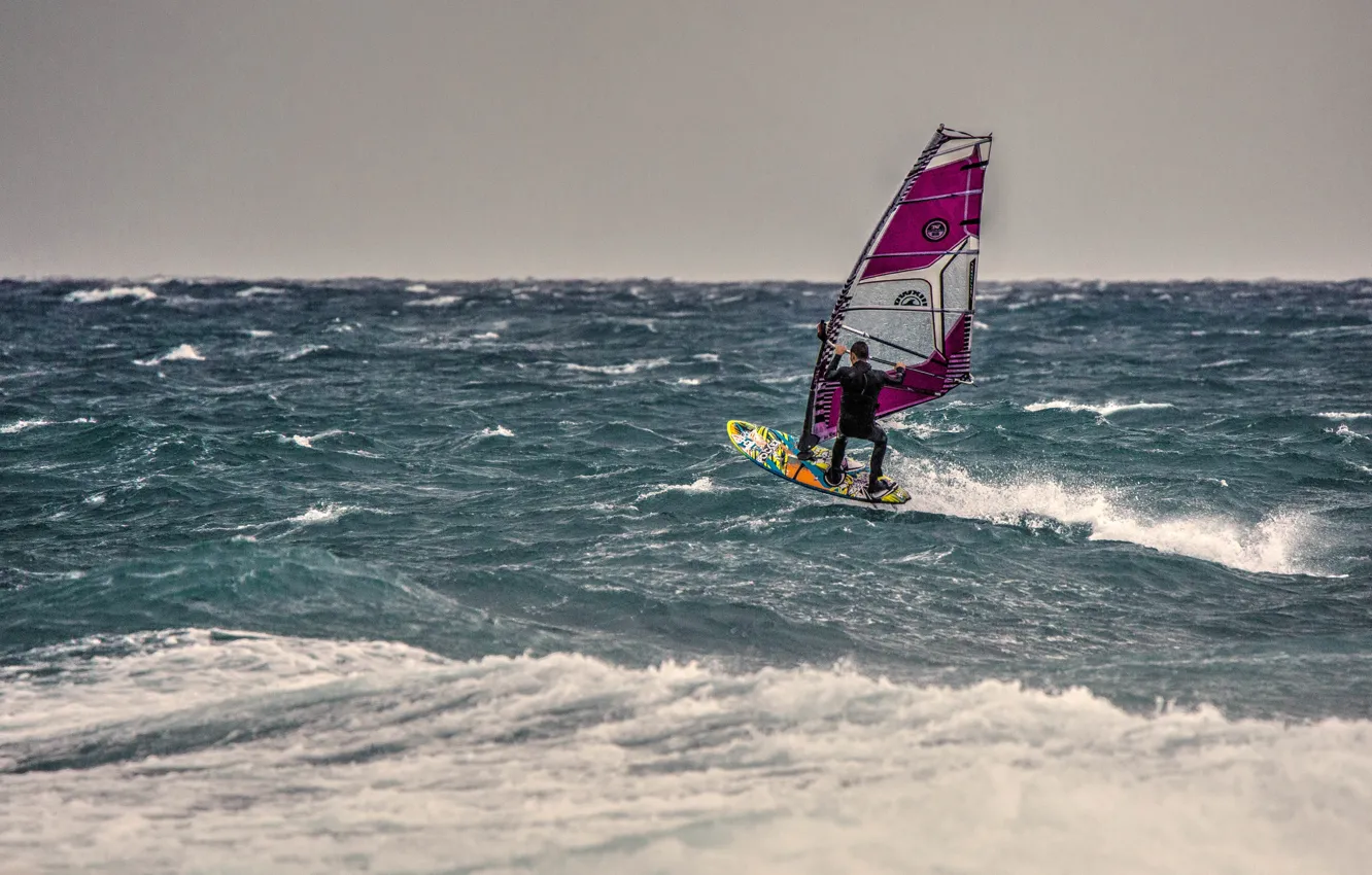 Photo wallpaper horizon, Windsurfing, extreme sports, the troubled sea, windsurfer