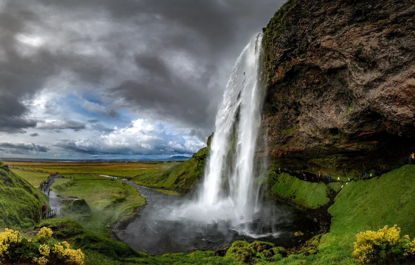 Photo wallpaper mountains, rocks, shore, waterfall, stream, Iceland