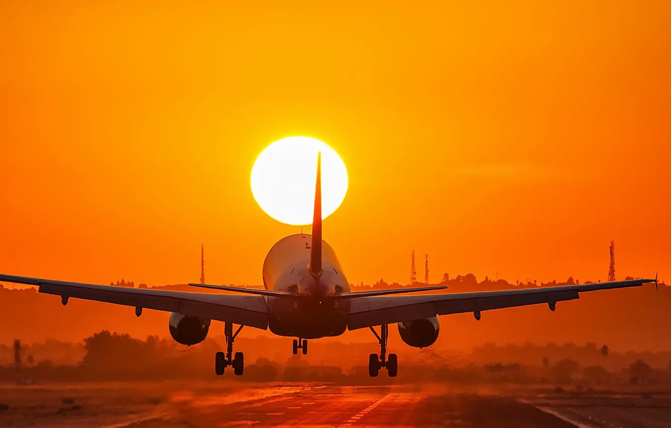 Photo wallpaper sunset, landing, Aircraft
