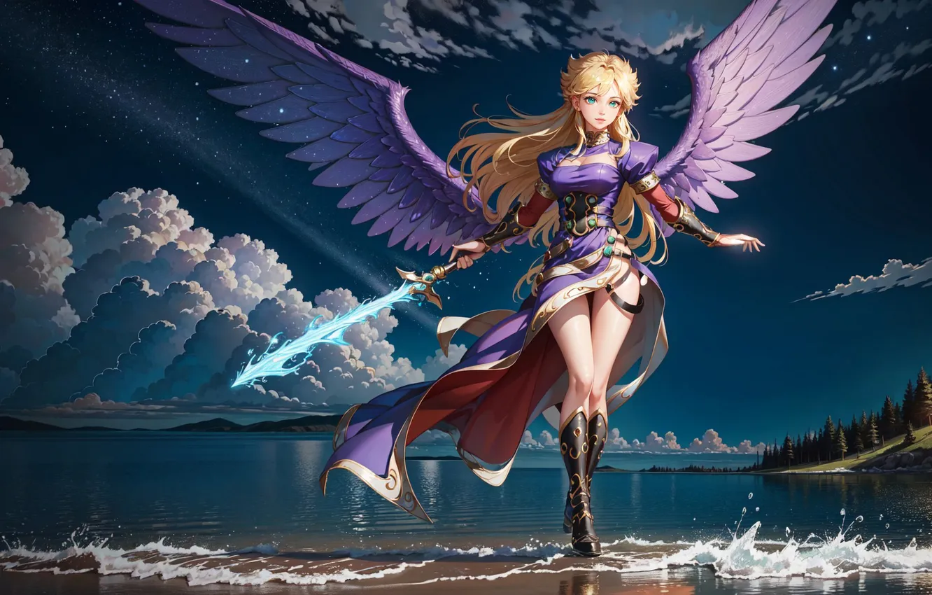 Photo wallpaper sea, beach, girl, angel, sword, anime