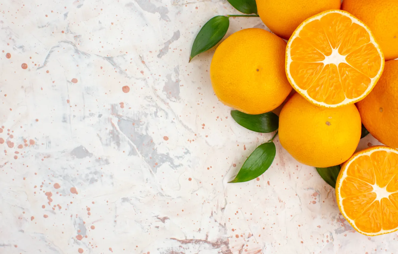 Photo wallpaper leaves, orange, light background, tangerines