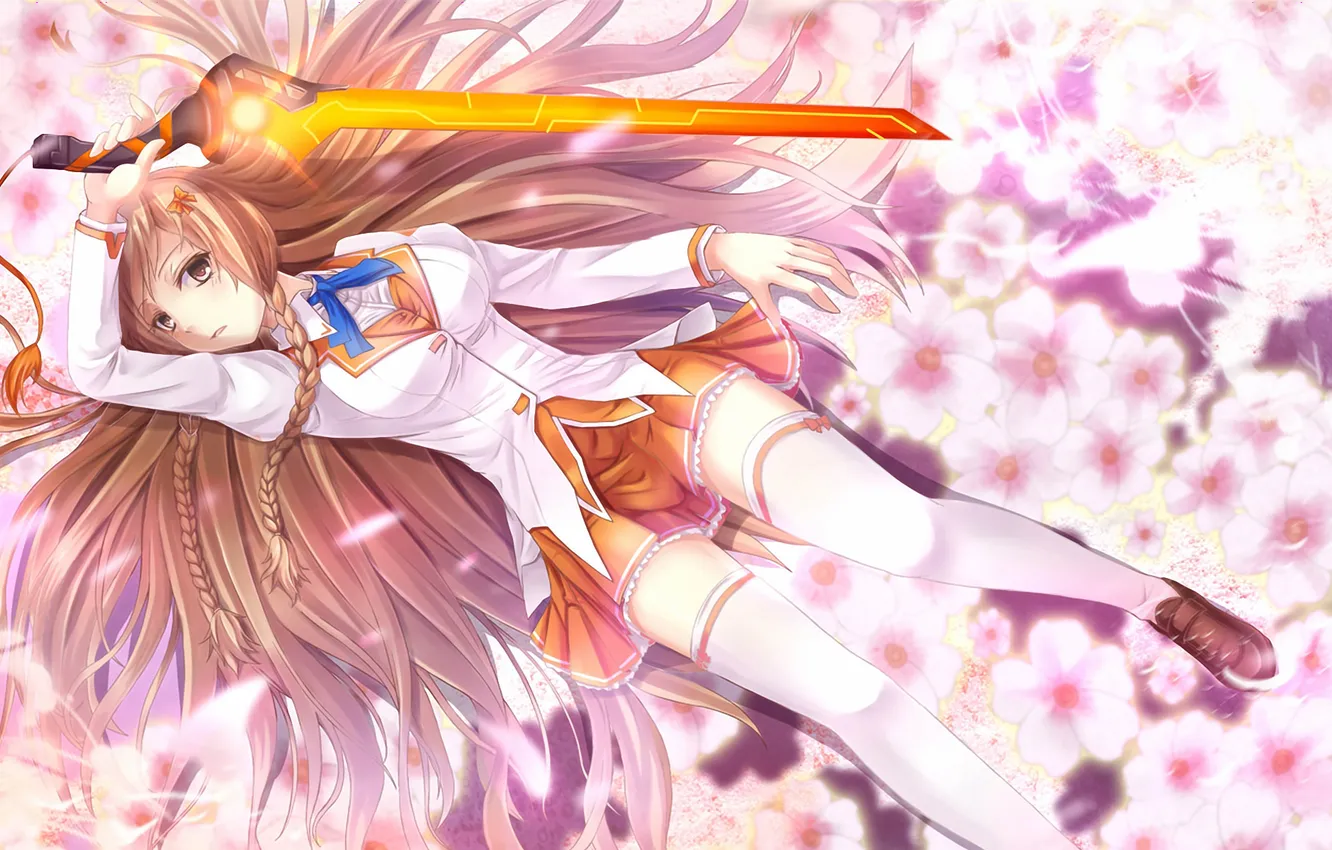 Photo wallpaper girl, flowers, sword, lies, braid, form