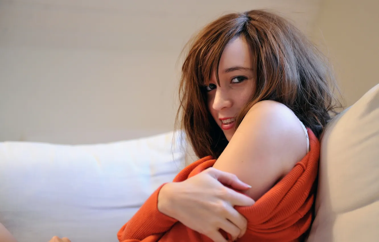 Photo wallpaper girl, smile, brown hair, blouse, shoulders, dark-eyed, Vzglyad