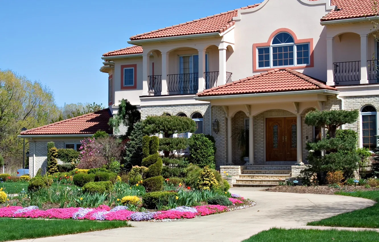 Photo wallpaper grass, flowers, house, lawn, track, mansion, the bushes