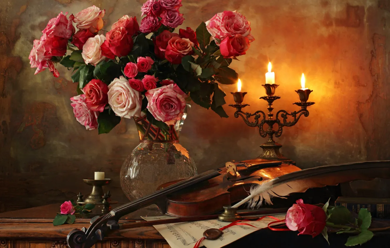 Photo wallpaper notes, violin, roses, bouquet, candles, feathers, still life