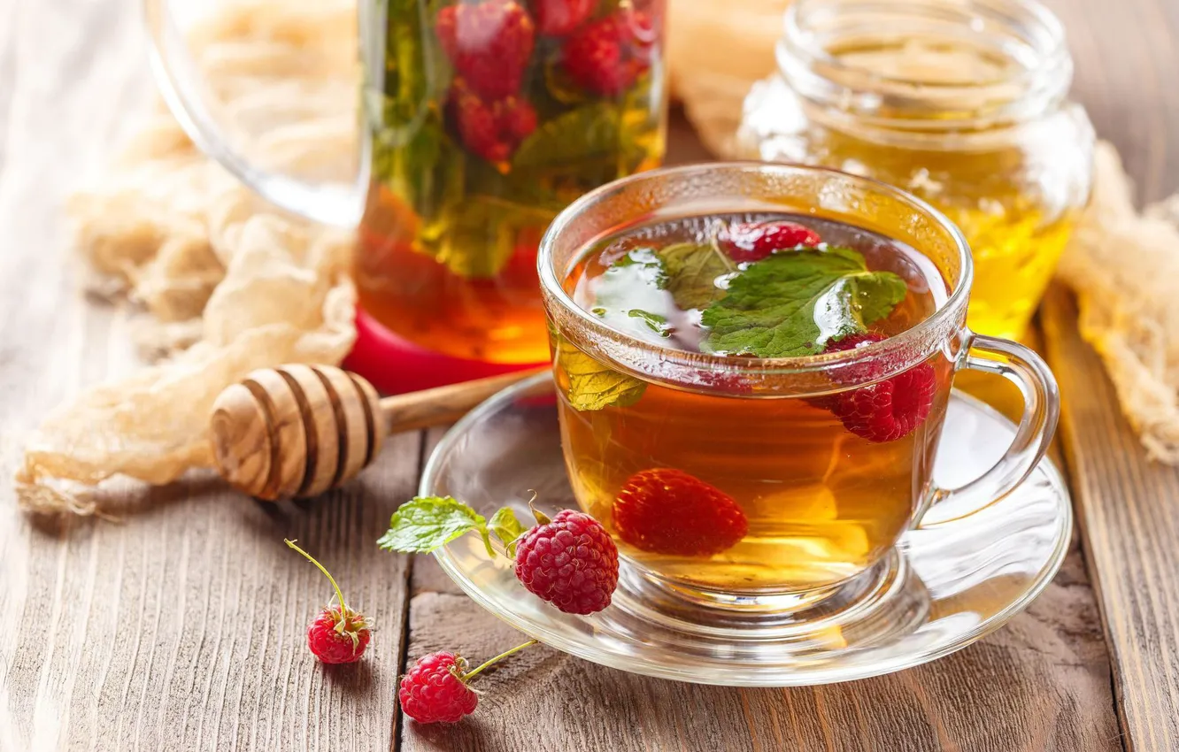 Photo wallpaper glass, berries, raspberry, table, tea, Board, honey, spoon