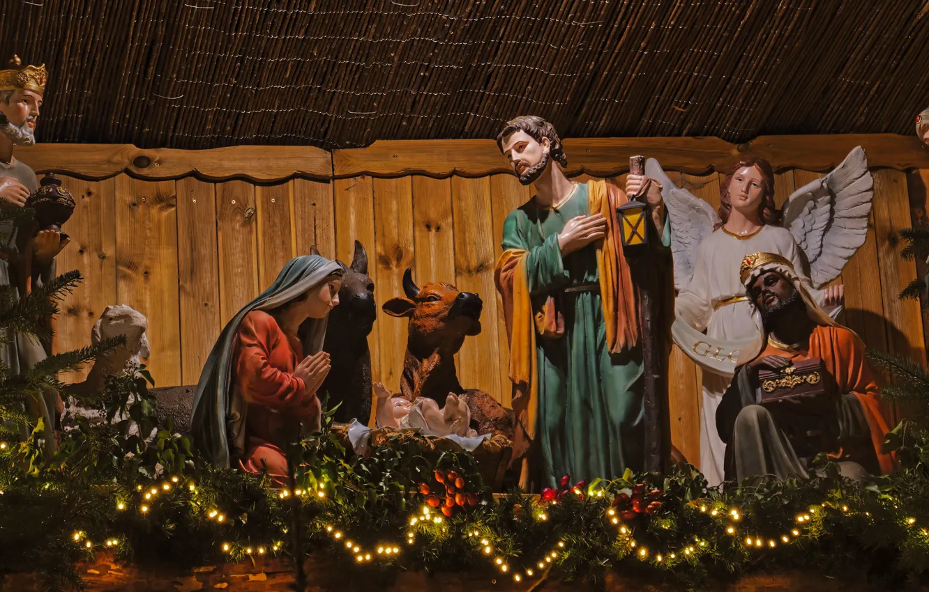 Photo wallpaper Jesus, toy, angel, figure, the barn, Christmas, male, birth