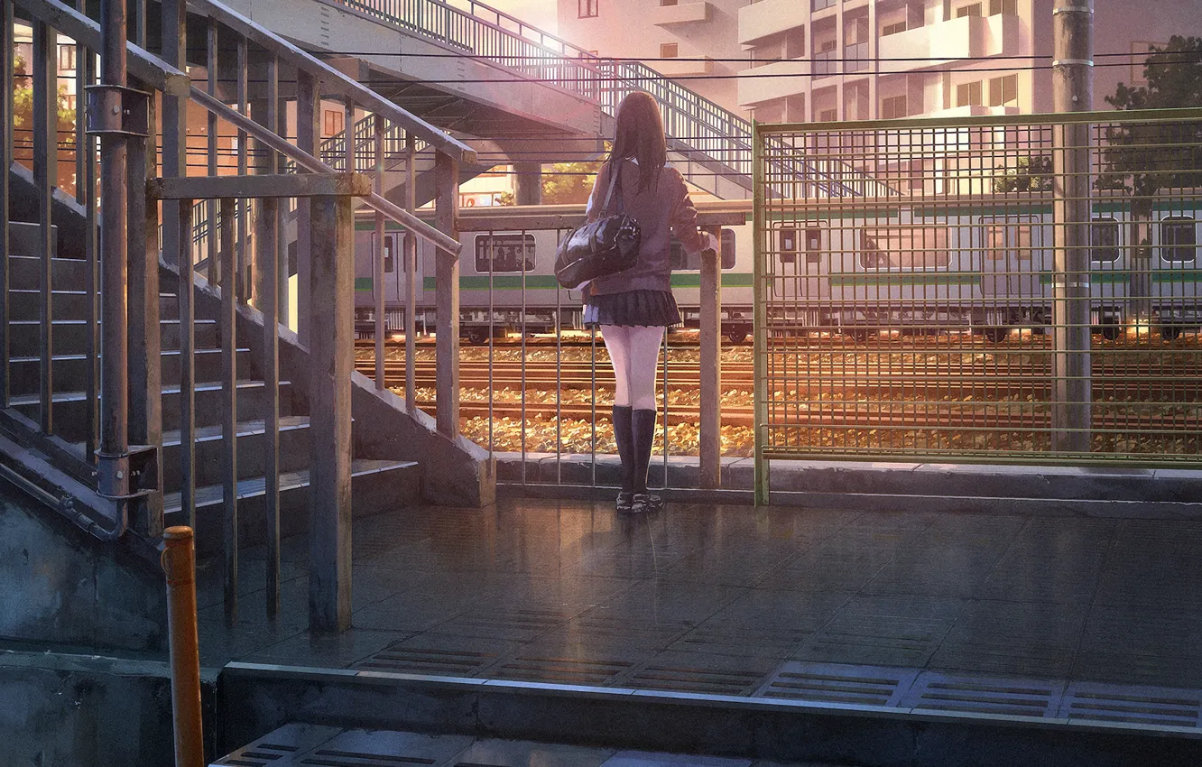 Photo wallpaper girl, bridge, the city, sunrise, the fence, building, train, skirt