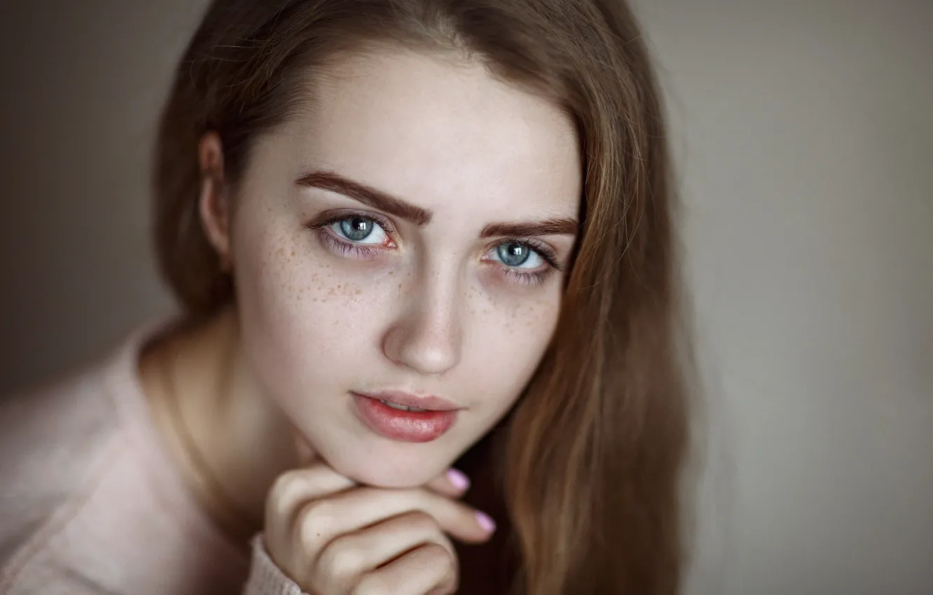 Photo wallpaper look, girl, close-up, face, portrait, makeup, hairstyle, brown hair
