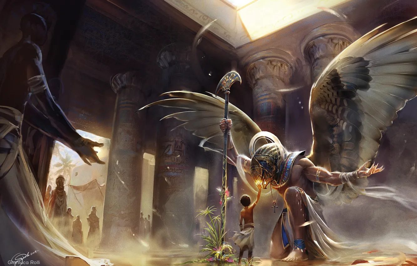 Photo wallpaper God, wings, boy, columns, temple, Egypt, wings, Egypt