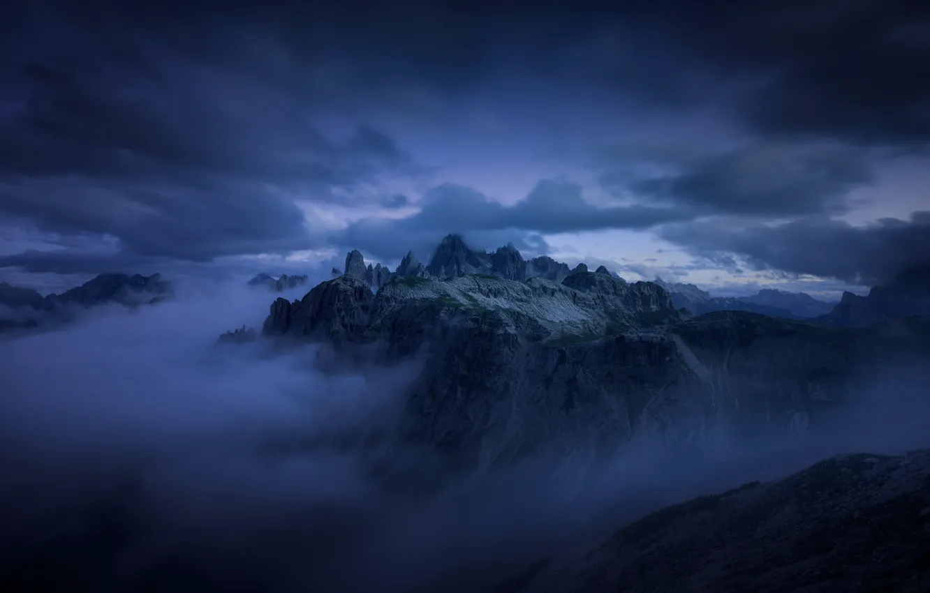 Photo wallpaper clouds, mountains, night, fog, the evening
