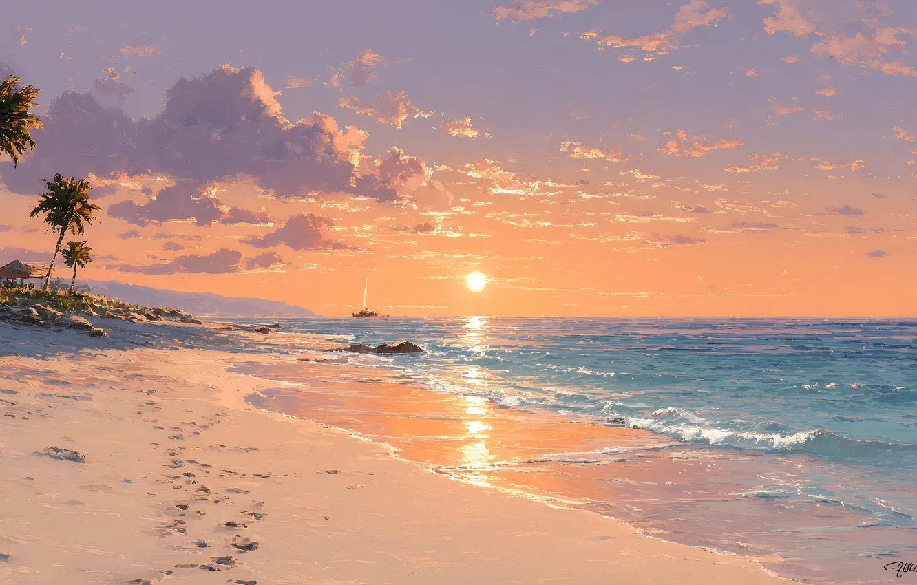 Photo wallpaper sand, sea, wave, beach, the sky, the sun, clouds, traces