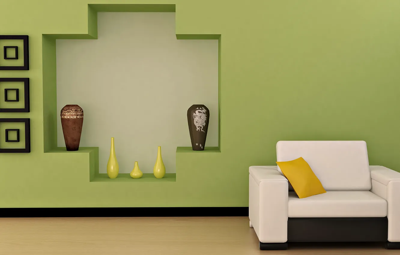 Photo wallpaper design, style, room, interior, chair, pillow, vase, apartment