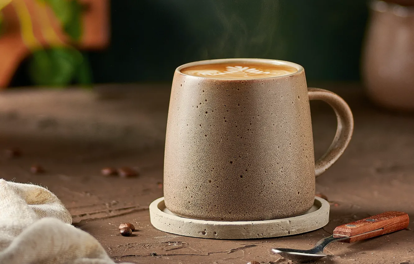 Photo wallpaper coffee, grain, spoon, Cup, fabric, drink