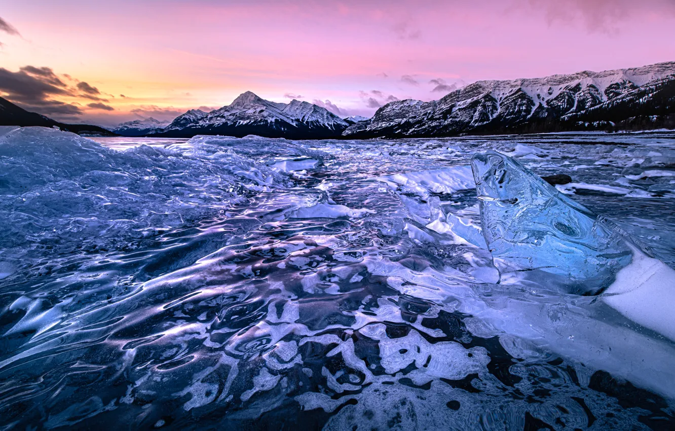 Photo wallpaper ice, winter, sunset, mountains, Canada, Albert, Alberta, Canada