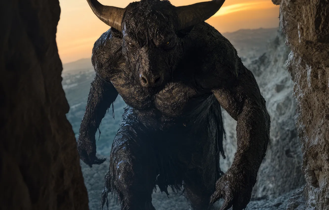 Photo wallpaper horns, cave, monster, the Minotaur, digital art, mythology, AI art, The Art of Artificial Intelligence