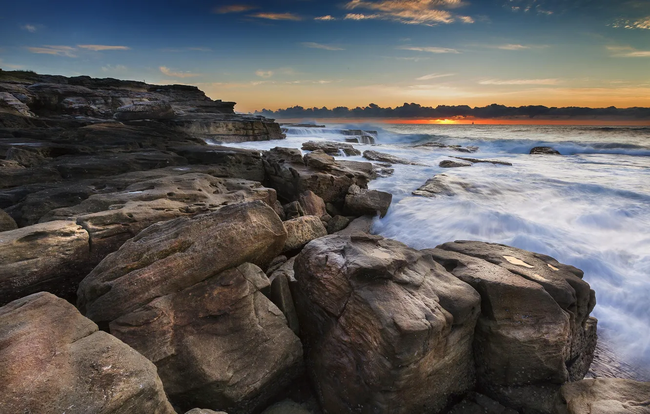 Photo wallpaper the ocean, rocks, dawn, shore