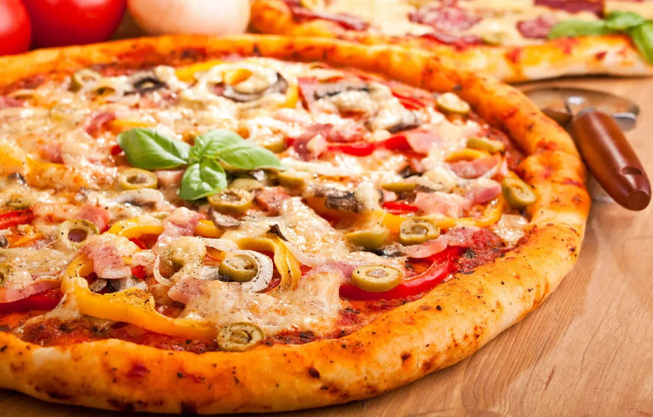 Photo wallpaper cheese, pepper, pizza, olives, Basil