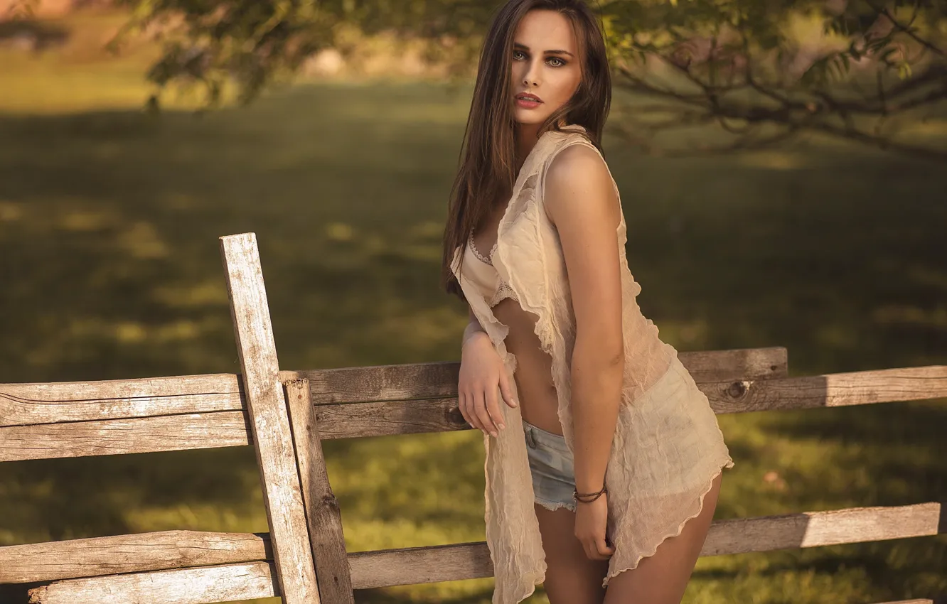 Photo wallpaper girl, nature, Board, shorts, makeup, the fence, blouse, brown hair